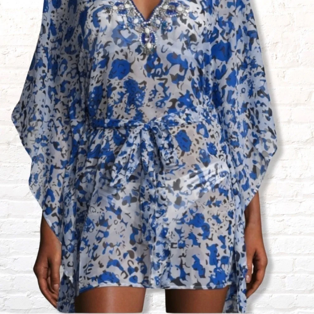 YUMI Kim exotic jungle Swim Cover Tunic kaftan Size M / L Beaded Blue